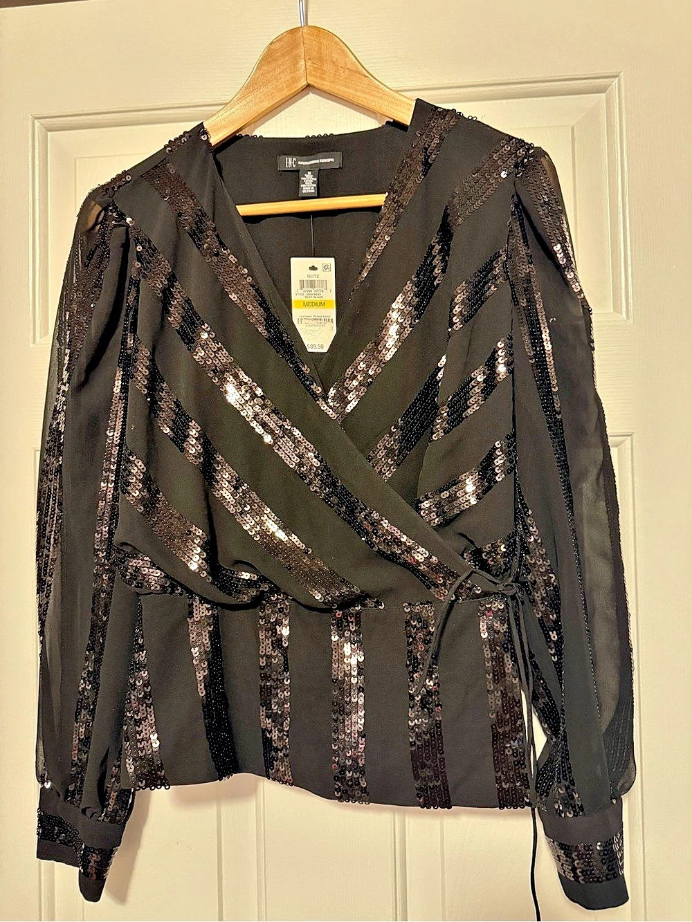INC International Concepts Glitz Sequin Wrap Top Black Medium